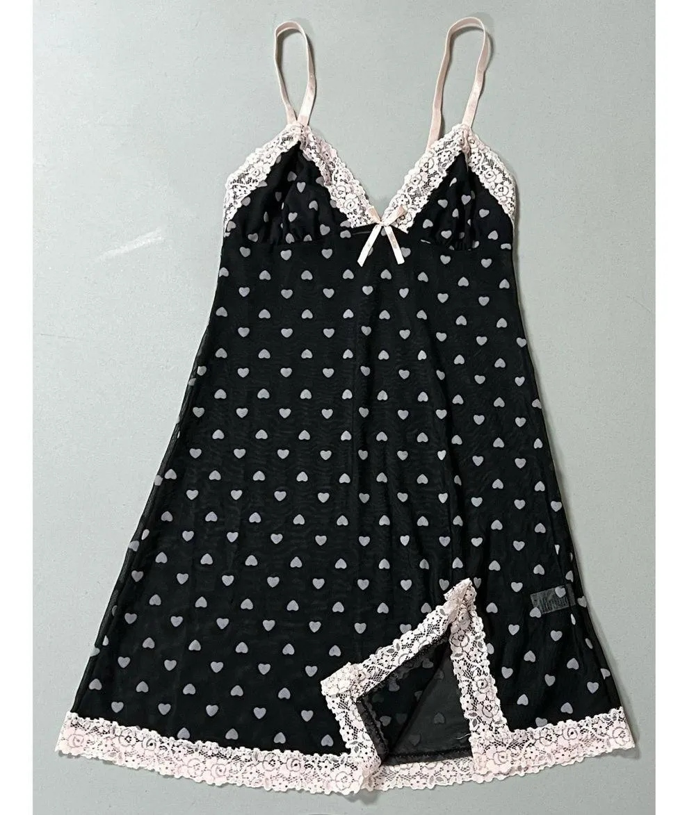 Carrie Amber Intimates Black Pink Heart Hearts Sheer Lace Babydoll Slip Nightie Nightgown Lingerie Dress Size S 🖤🩷 - Image 4