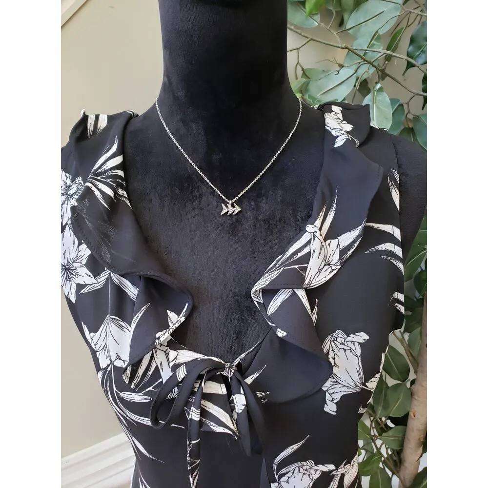 White House Black Market Tank Top Women Small Black White Floral Ruffle Tie Neck - Image 5