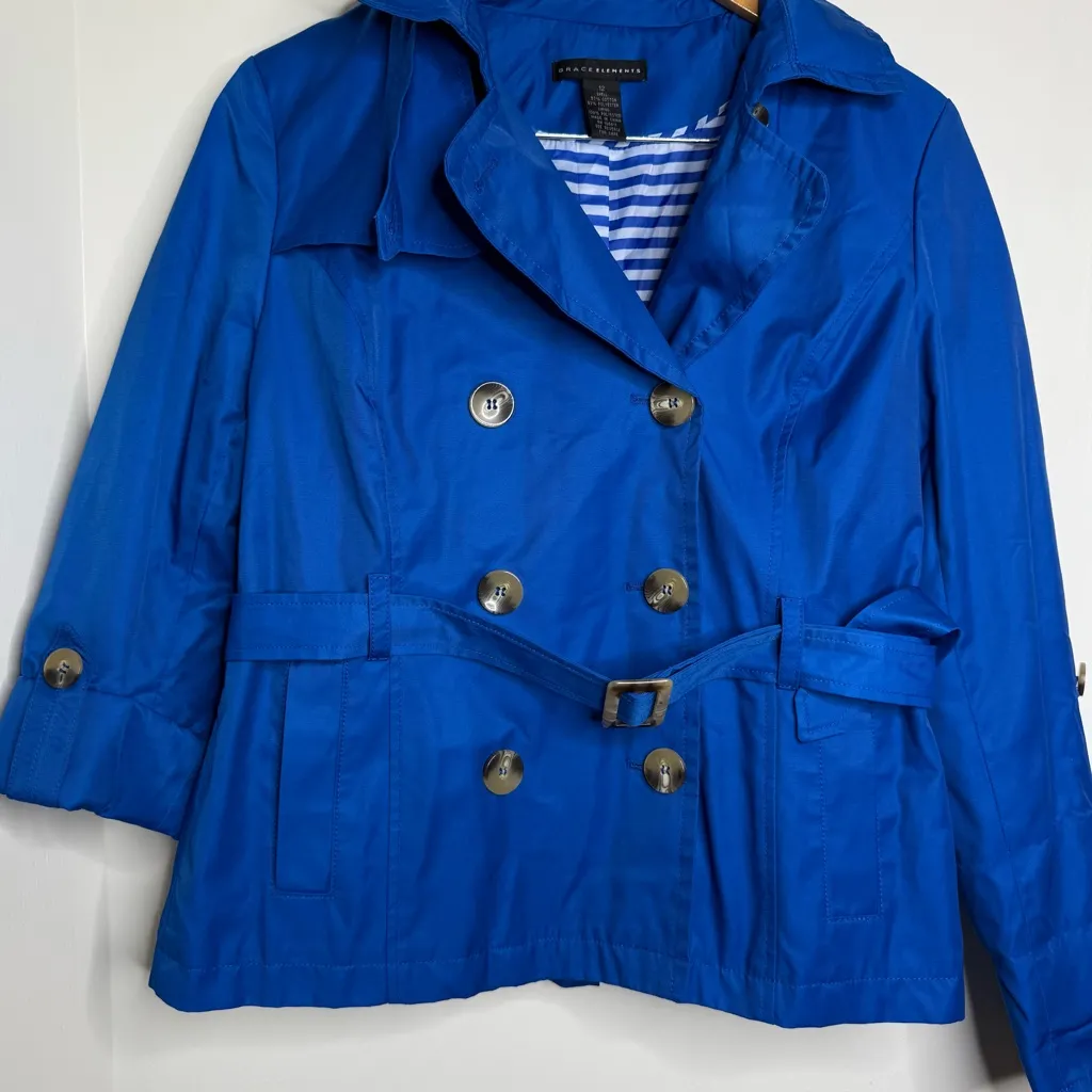 Grace Elements Blue Belted Short Trench Pea Coat Jacket Women’s Size 12 Roll Tab - Image 4