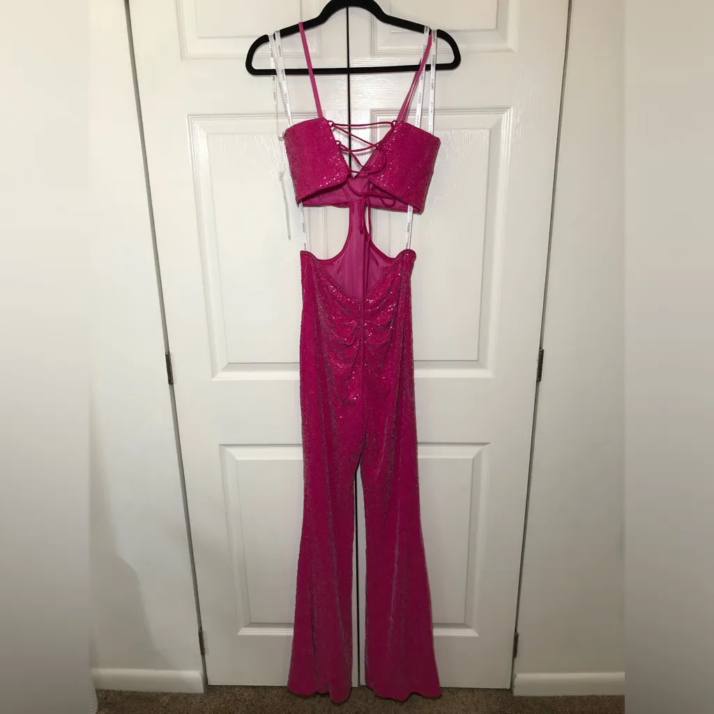 NWT Jovani Hot Pink Sequin Embellished Sexy Cut Out Jumpsuit Size 8 - Image 8