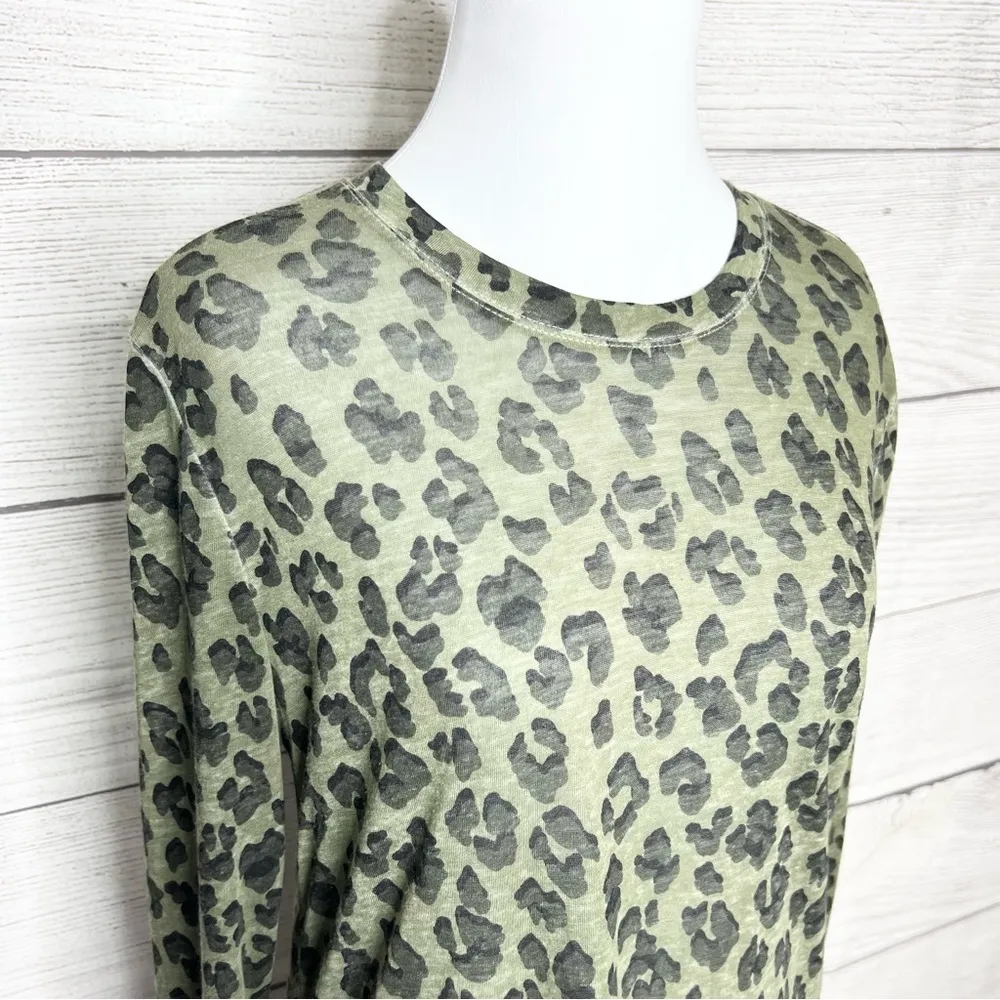 Lucky Brand Olive Green & Black Leopard Print Semi Sheer Long Sleeve Top Small - Image 2