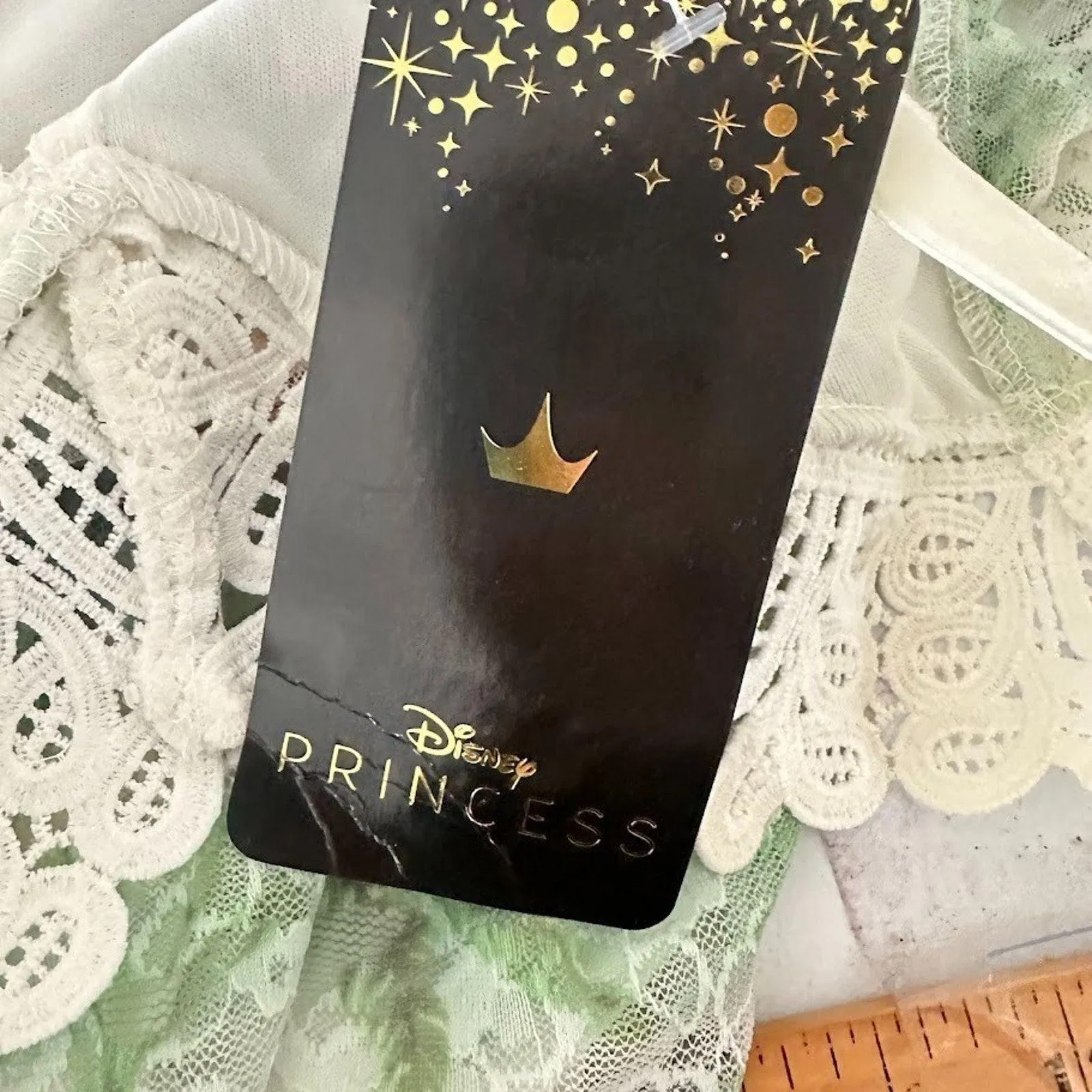 DISNEY Dress Juniors Small Green Lace Overlay Fairy Whimsy Cottagecore Straps - Image 7