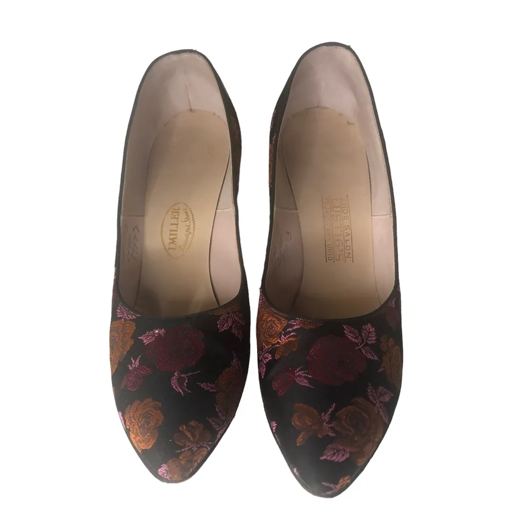 Vintage L. Miller Floral Silk Brocade Pumps Heels Lustigs Ohio Black Size 8 - Image 2