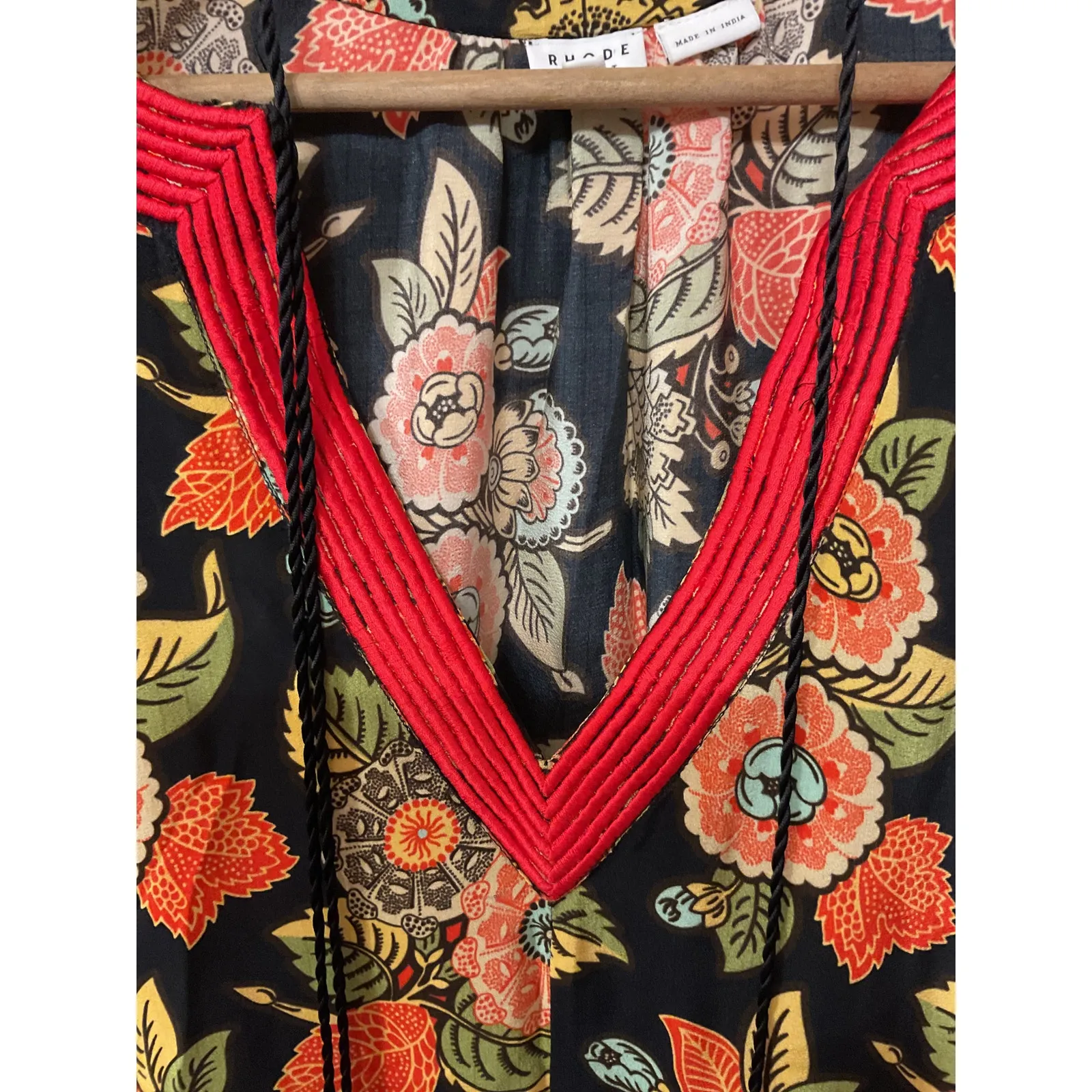 Rhode Resort 100% Silk Orange Floral Red Trim V - Image 6