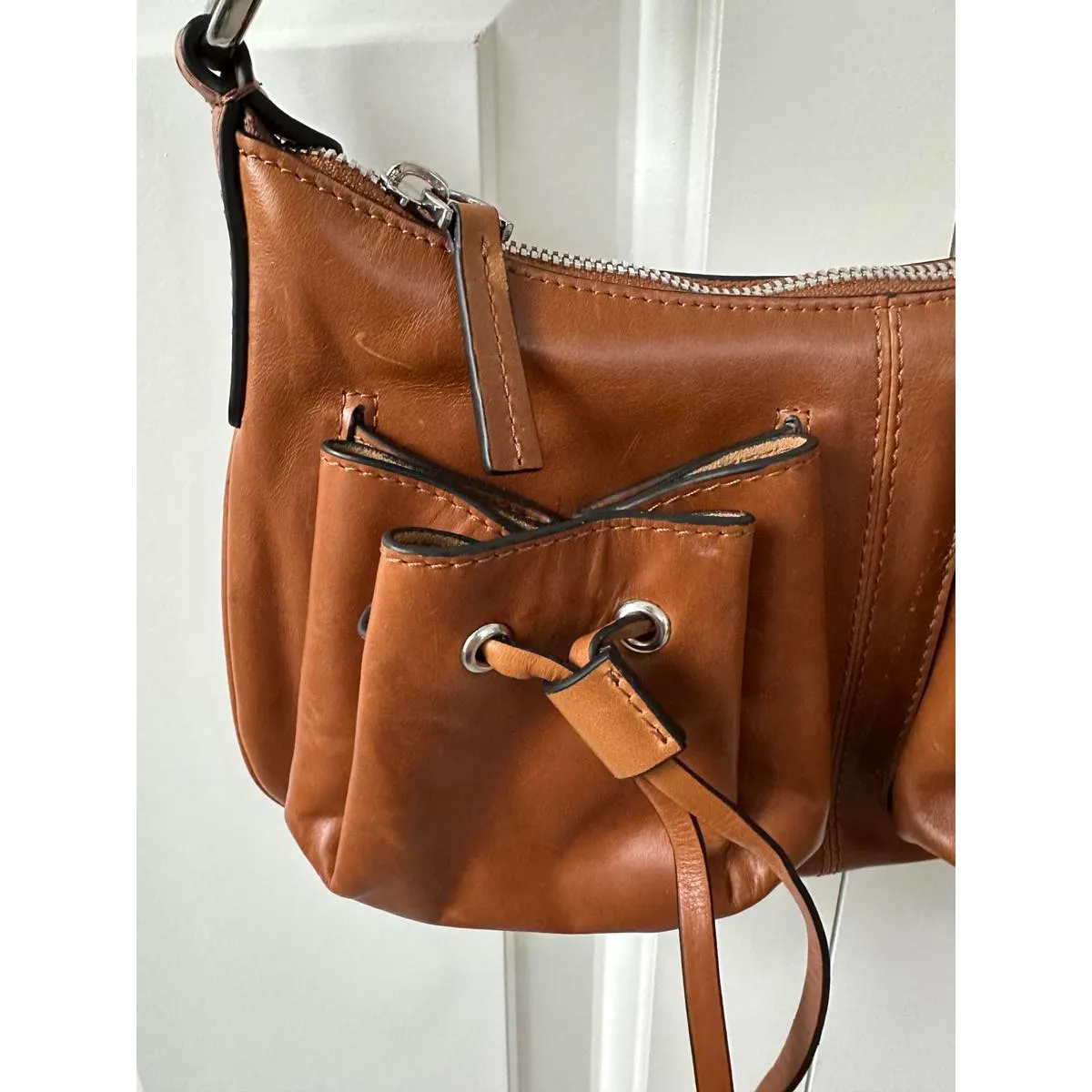 Mango Leather Shoulder Bag with Gathered Pockets & Charms NWT Brown - Image 6