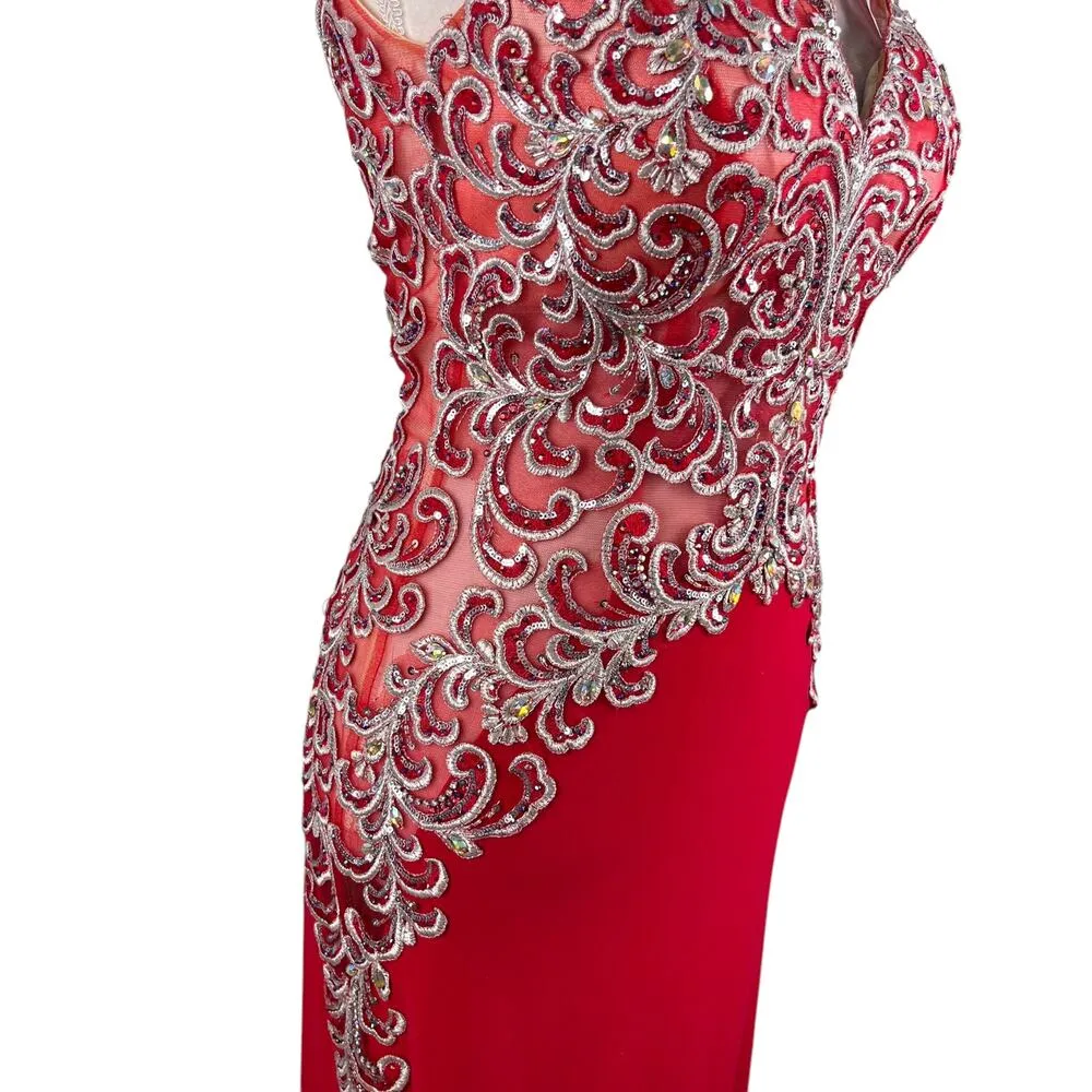 Jovani Prom Evening Gown Red 6 Beaded V-Neck  Back Zip Lined - Image 12