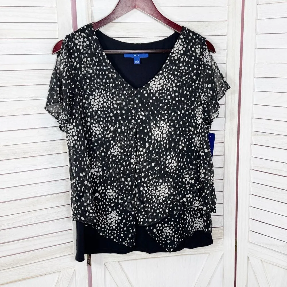 Apt. 9 Polka Dot Tiered Layers Split Flutter Sleeve Top Blouse Black White Small - Image 9