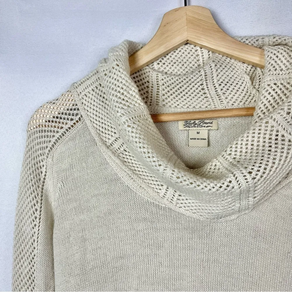 Lucky Brand Beige Mesh Sleeve Pullover Cowl Neck Sweater M - Image 3