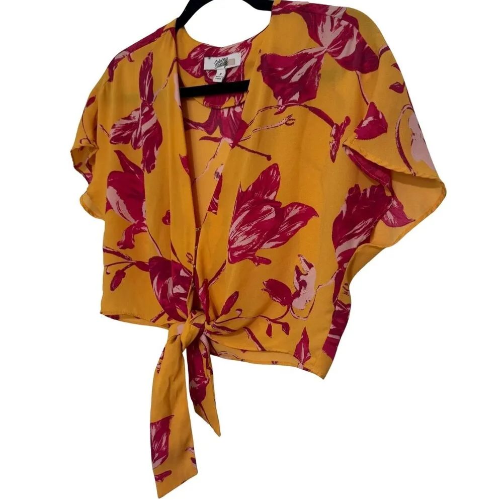 COLOR ME COURTNEY Lori Wrap Tie Front Cropped Top Blouse Yellow Pink EUC Small - Image 3