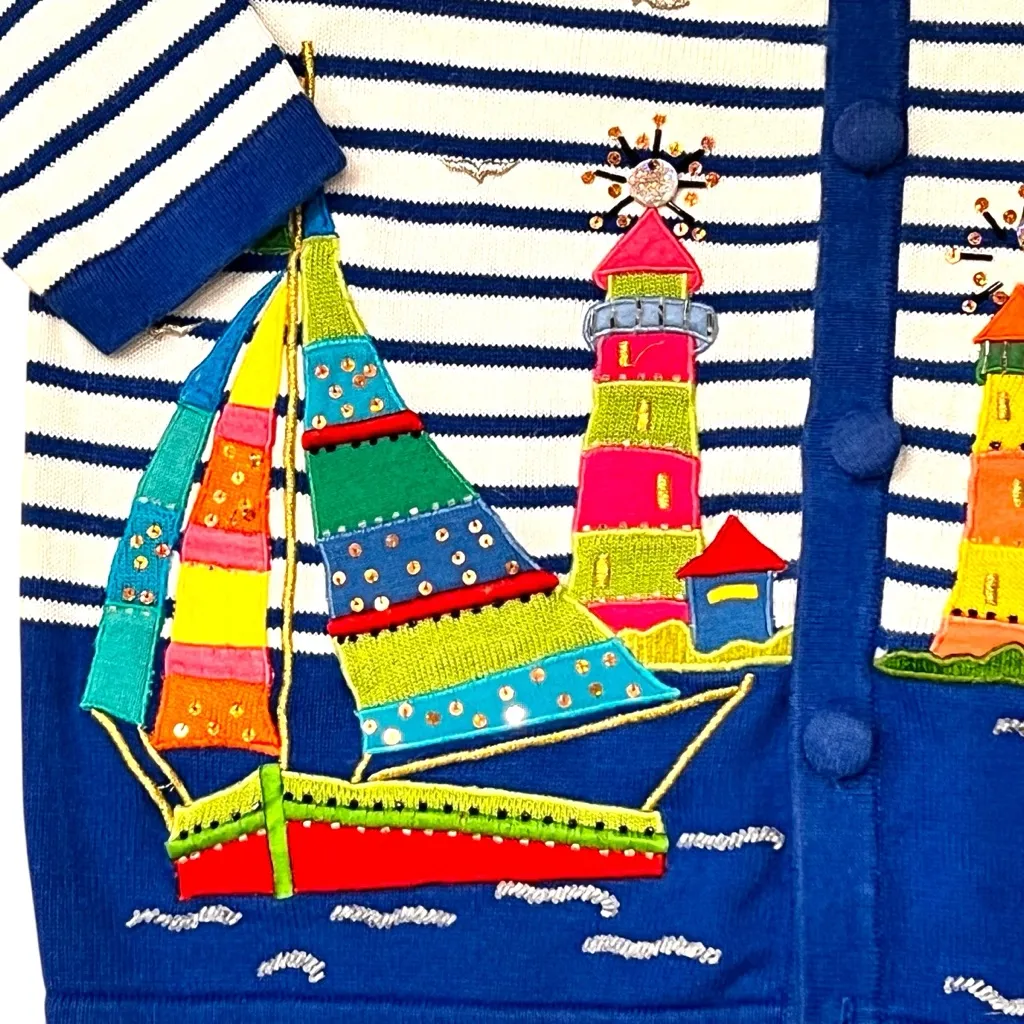 Quacker Factory Cardigan Sweater XL Embroidered Lighthouse Boats Beach Striped - Image 3