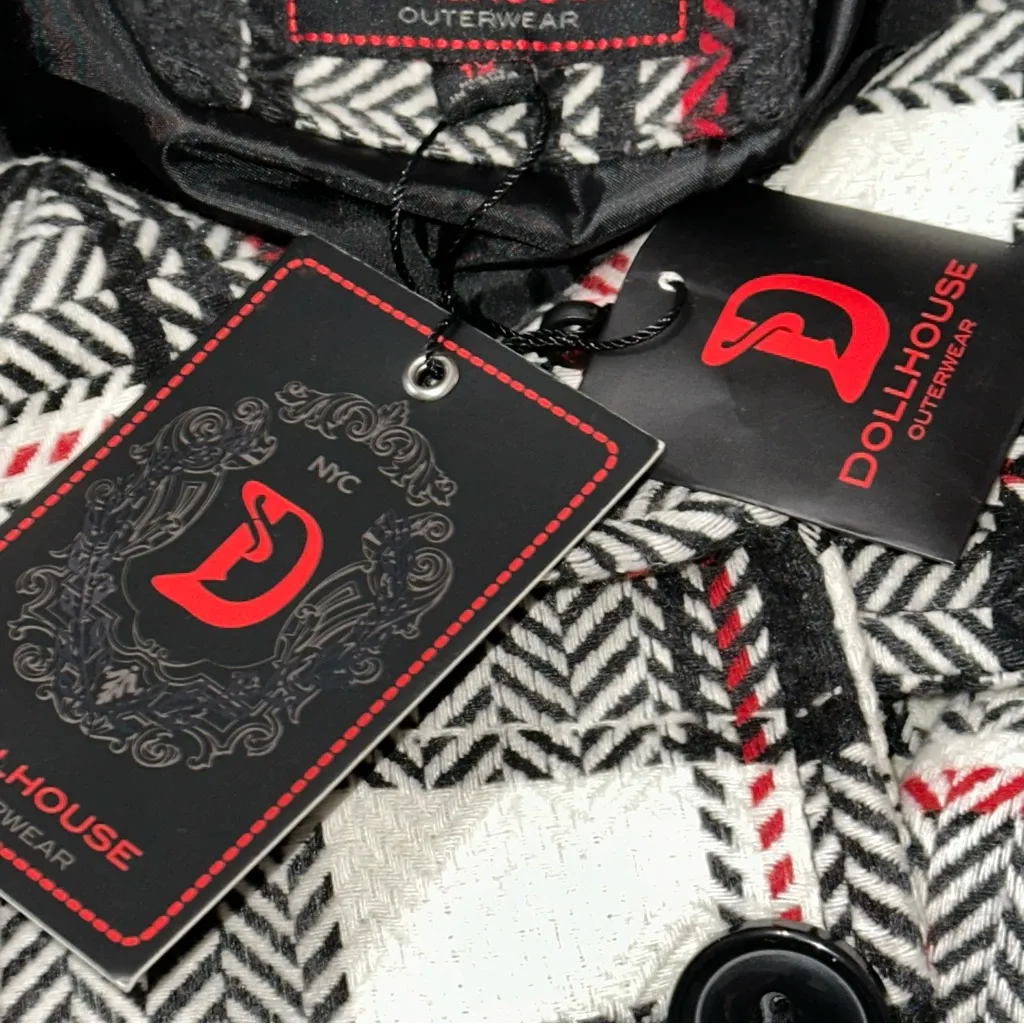 Dollhouse Outerwear NYC 1X Black White Red Double Plaid Tweed Breasted Coat - Image 5