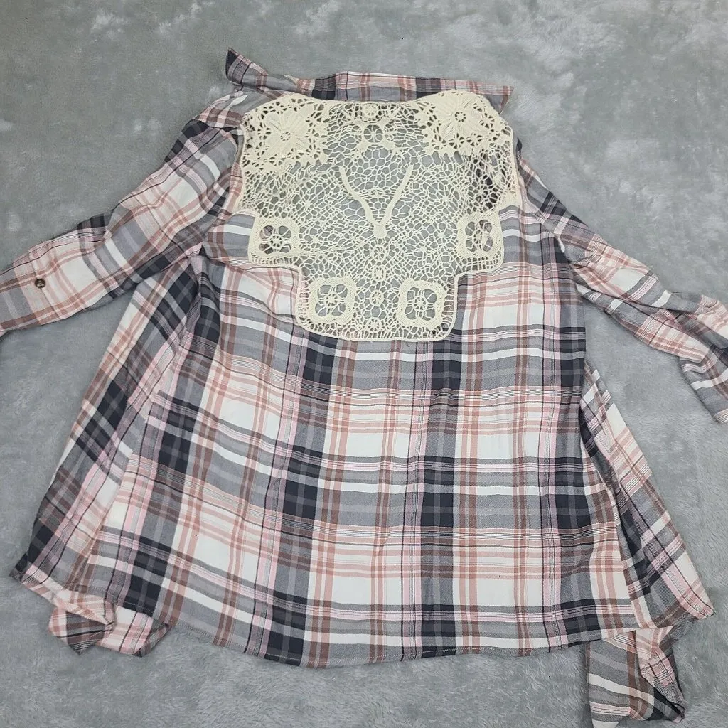 One World‎ Womens Cardigan Medium Plaid Lace Back Open Drape Front Waterfall - Image 6