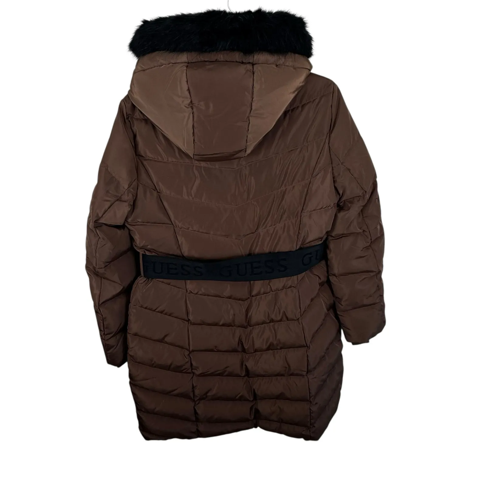 GUESS‎ Janina Brown Long Line Faux Fur Hood Full Zip Down Puffer Jacket Size L - Image 2