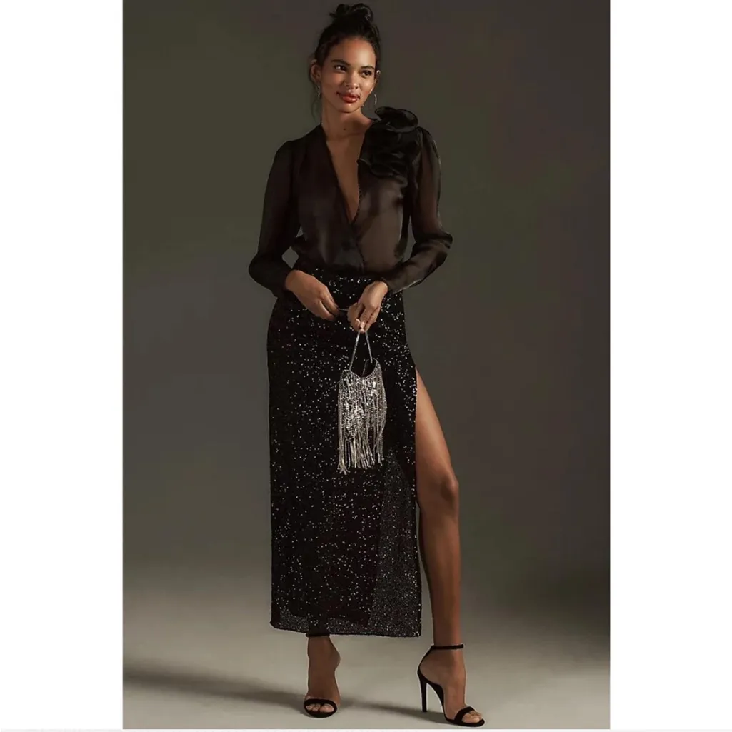 Anthropologie Bardot Black Organza Sheer Wrap Bodysuit Blouse Top Size 12 L - Image 4