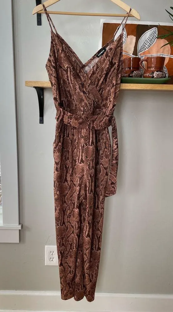 Express Brown Black Snakeskin Print Wrap Front Belted Jumpsuit Romper Size XS - Image 2