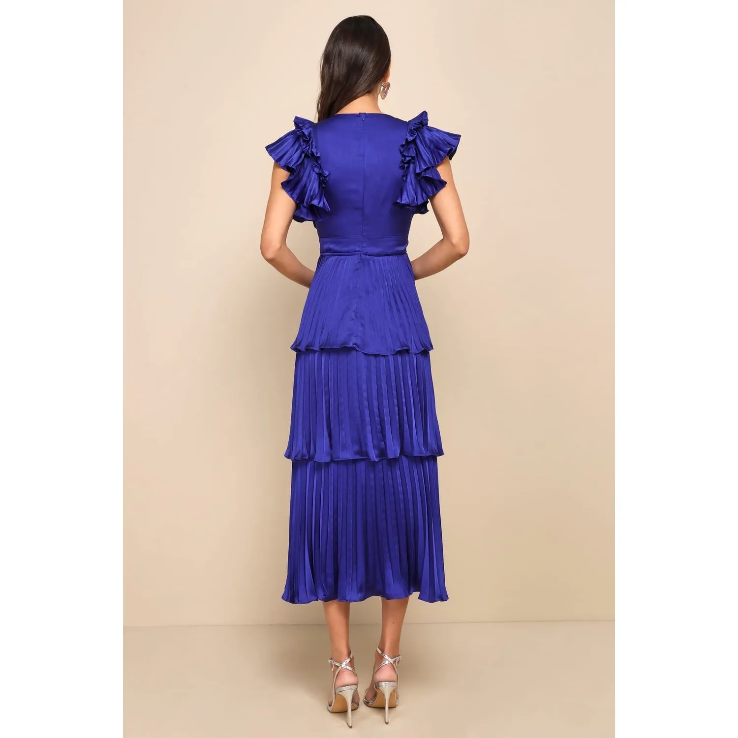 NWT Lulus Stunning Desire Cobalt Blue Satin Pleated Tiered Midi Dress Ruffle M - Image 3