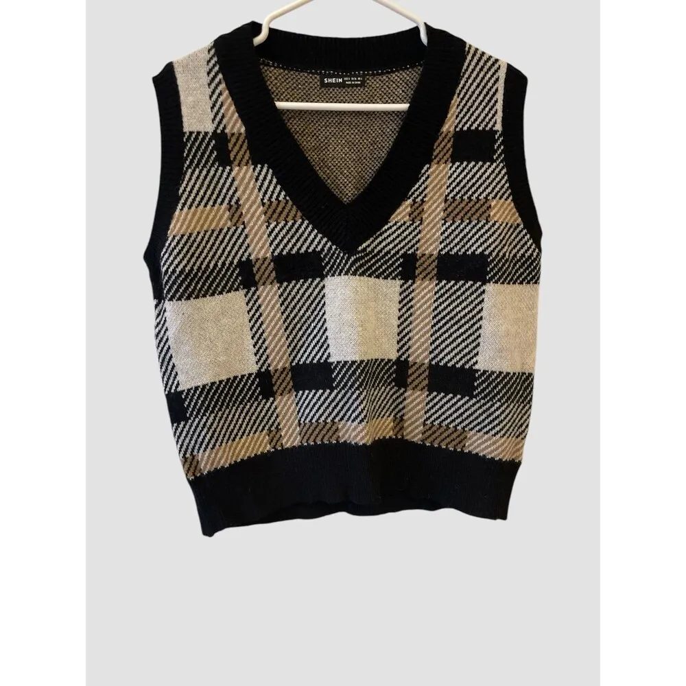 Shein Plaid Sweater Vest Black Cream Tan Women's Size Small Academia Plaid - Image 3