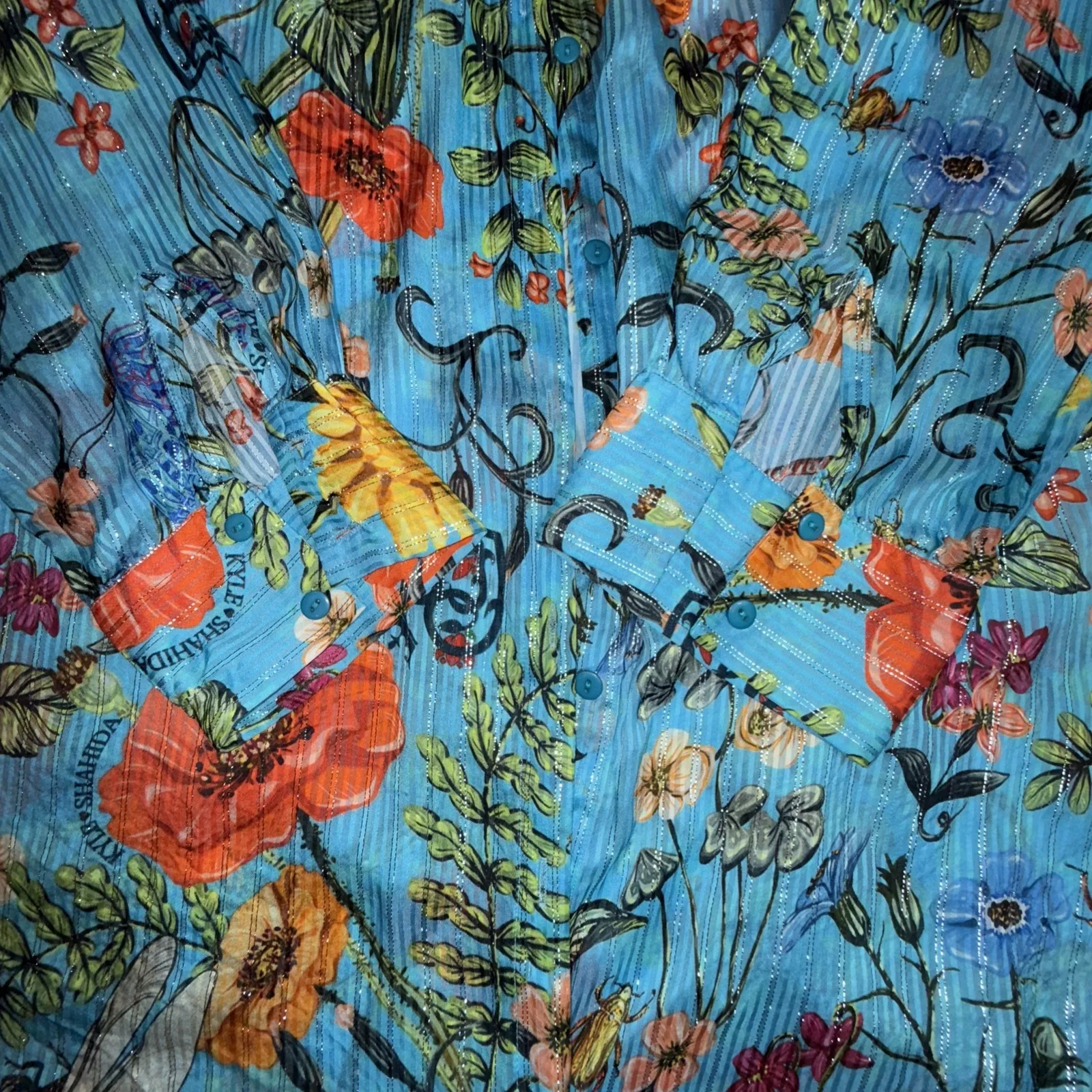KYLE X SHAHIDA Silver Thread EMBELLISHED BLUE FLORAL PRINT Silk Blouse L Size L - Image 8
