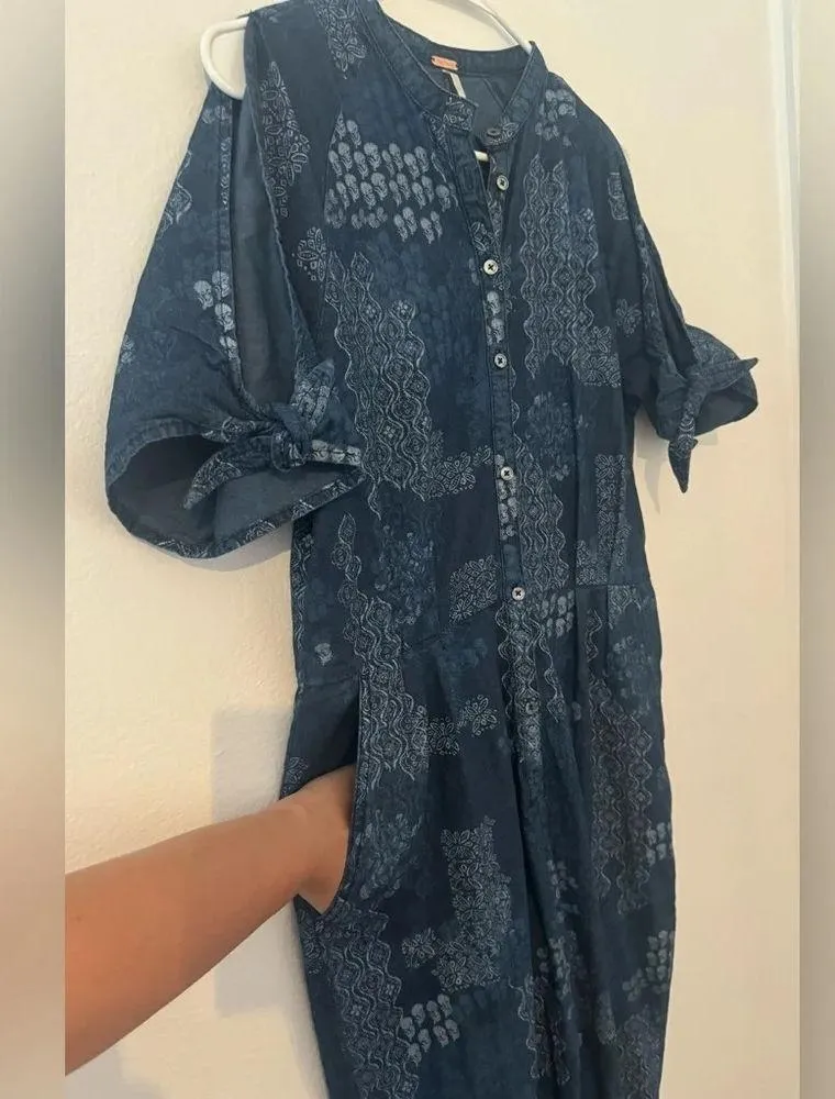 Free People Indigo Daze Denim Chambray Printed Jumpsuit Tie Sleeves Boho Size XS - Image 3
