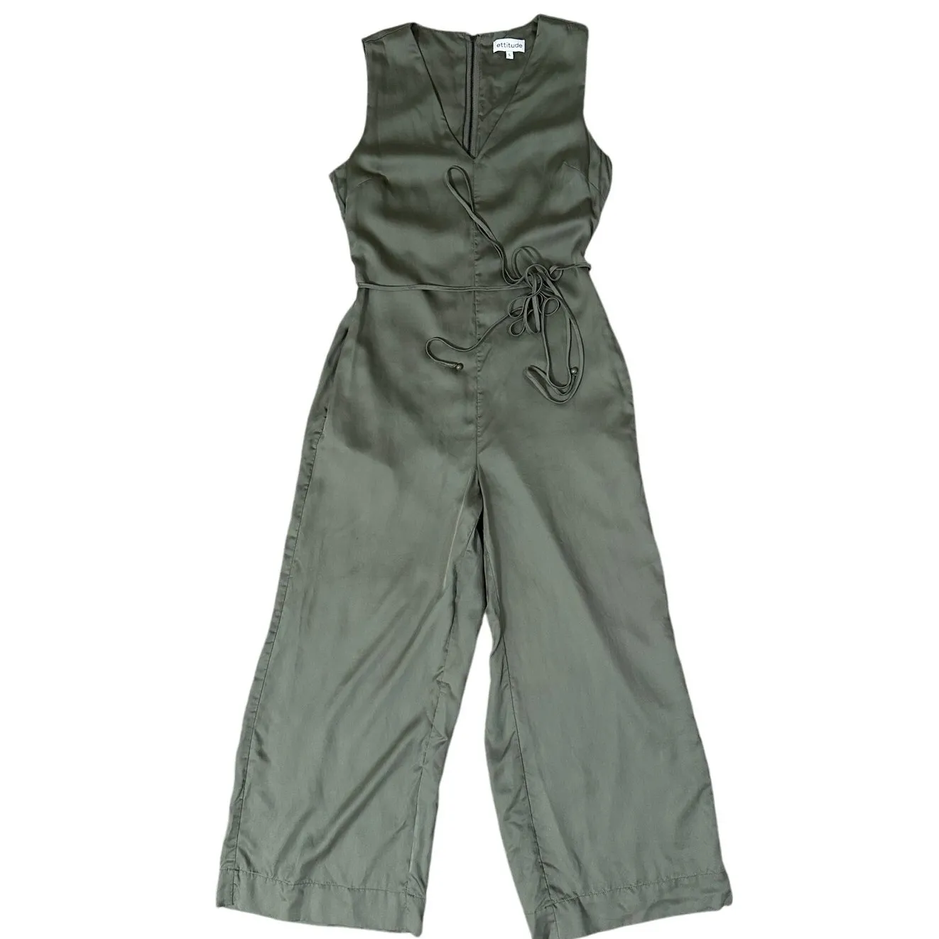 Ettitude Jumpsuit Moss Green Sateen Bamboo Sleeveless Belt Wide Leg size Small - Image 5
