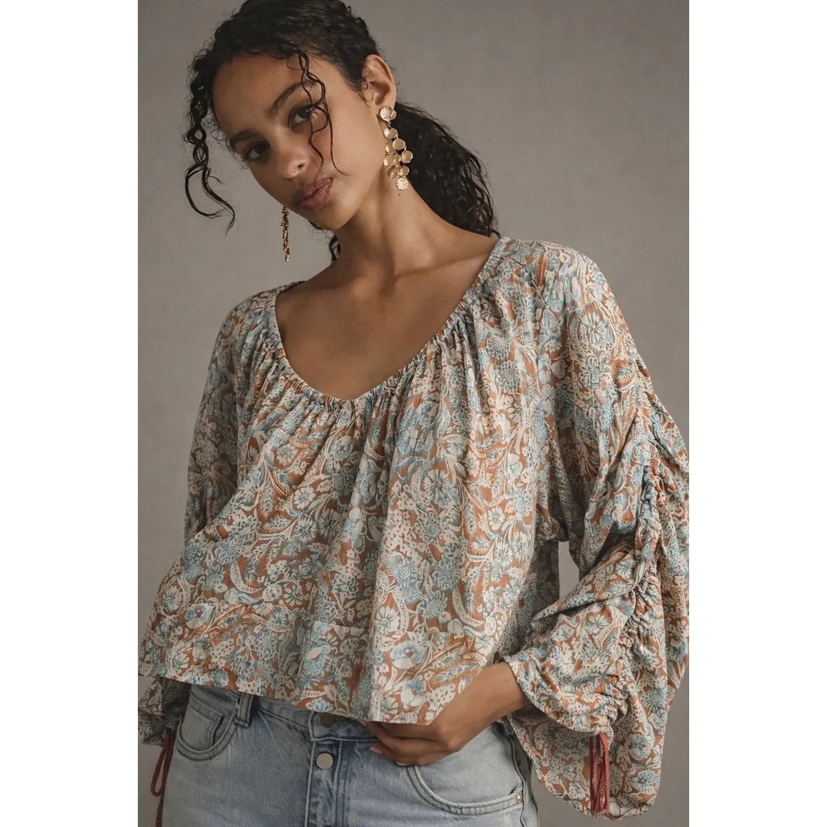 Anthropologie Floral Cotton Blouse Women's XS Tie Sleeve Cottagecore Bohocore - Image 2