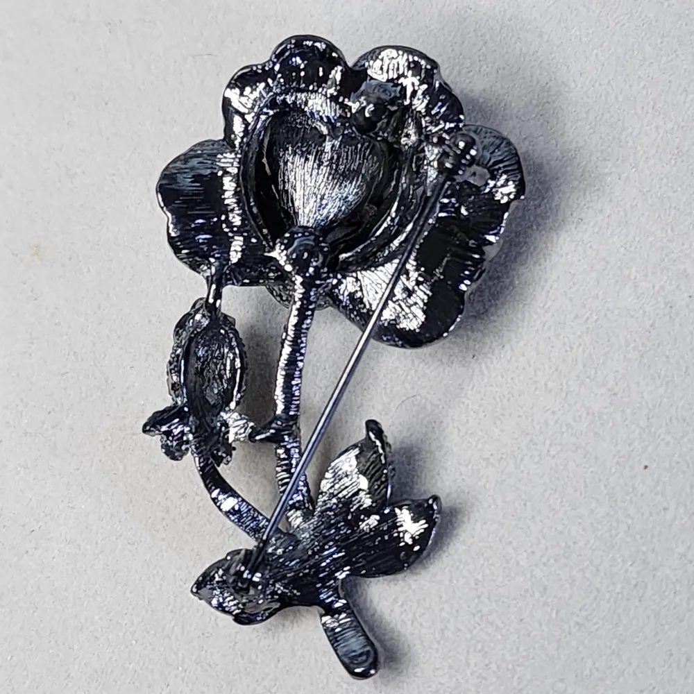 Silver Gunmetal with Crystal Rose Flower Brooch Pin - Image 5