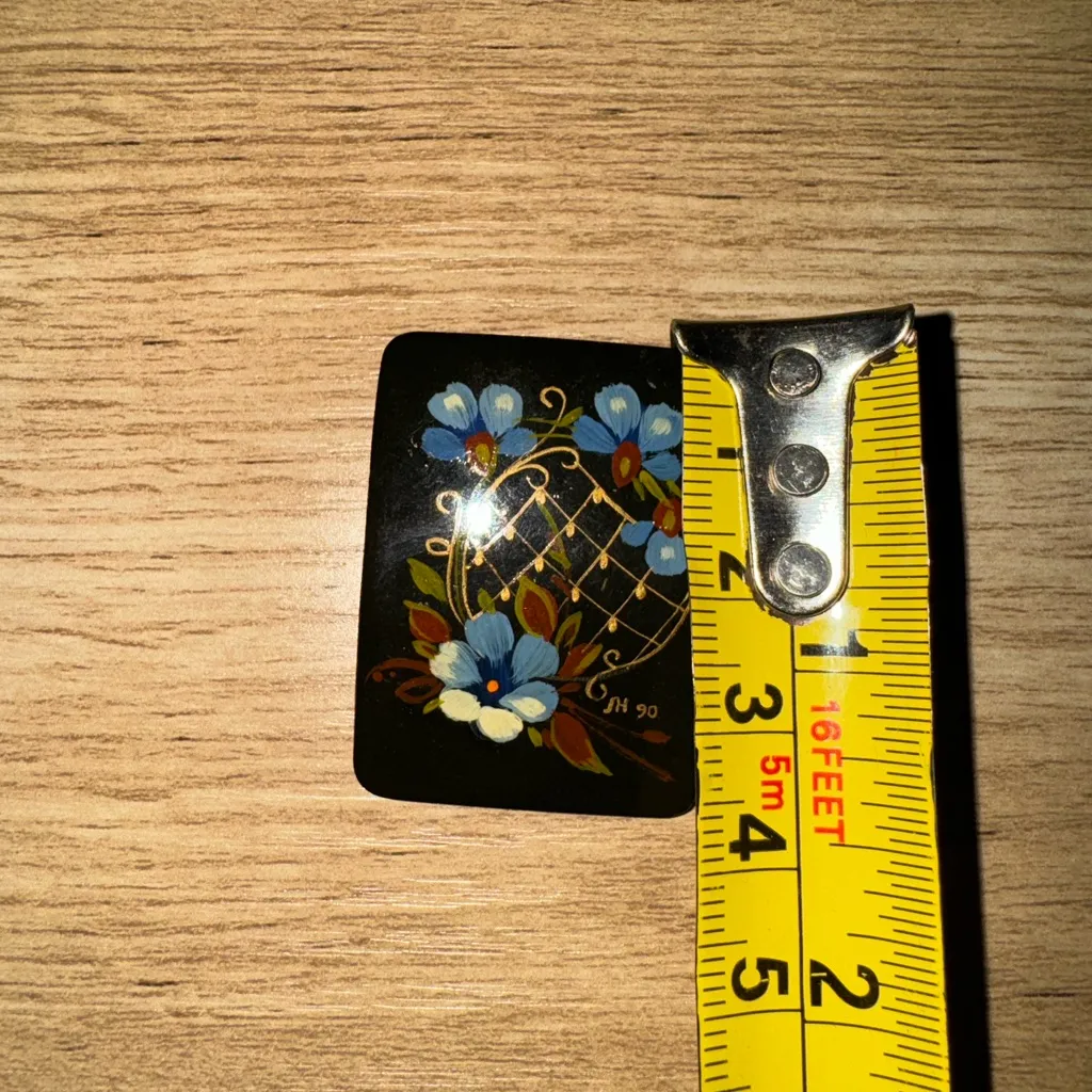 Vintage Signed Black Enamel Metal Russian Hand Painted Rectangular Brooch Pin‎ - Image 3