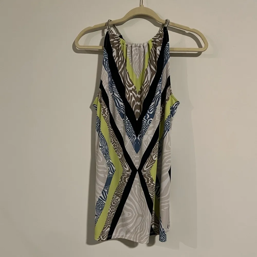 Alfani women’s multi color geometric tank with silver metal strap loose top Lg - Image 6