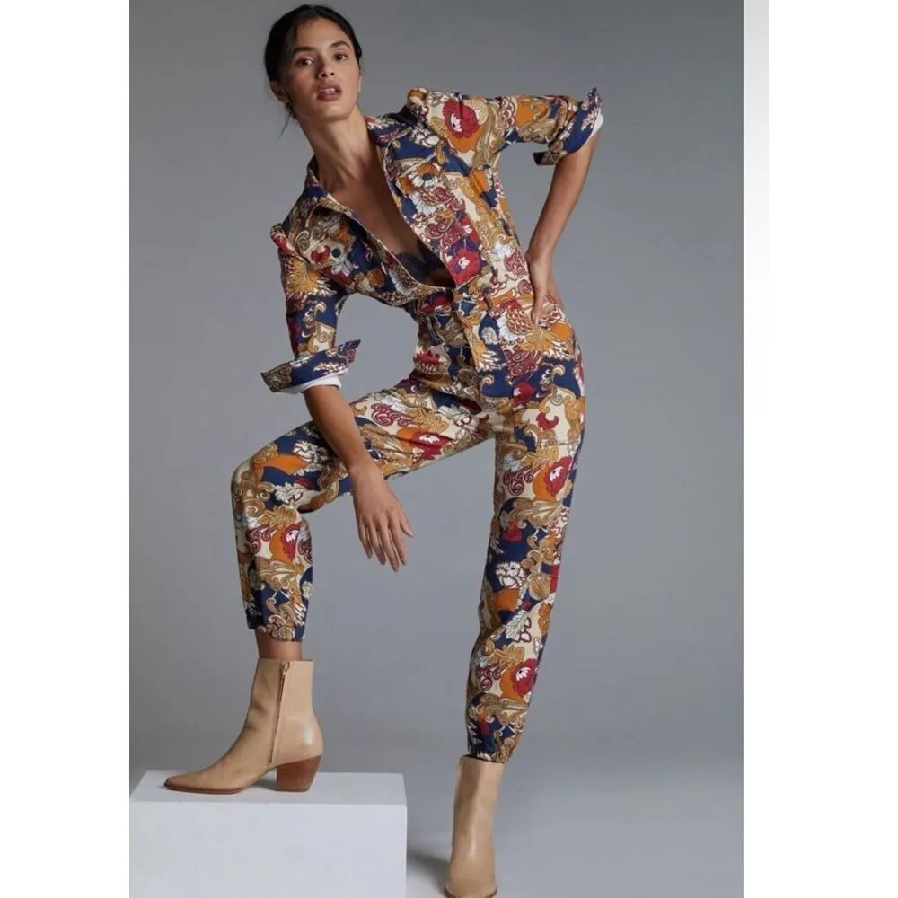 MOTHER The Puffy Wrapper Floral Denim Jumpsuit Flowers in Her Hair L Tan Size L - Image 2