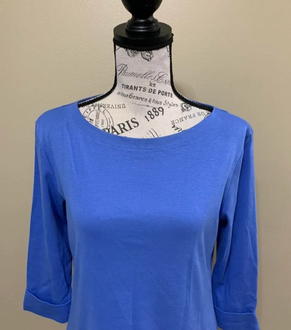 Petites Blue Boatneck 3/4” Sleeve Cotton Top - Image 4