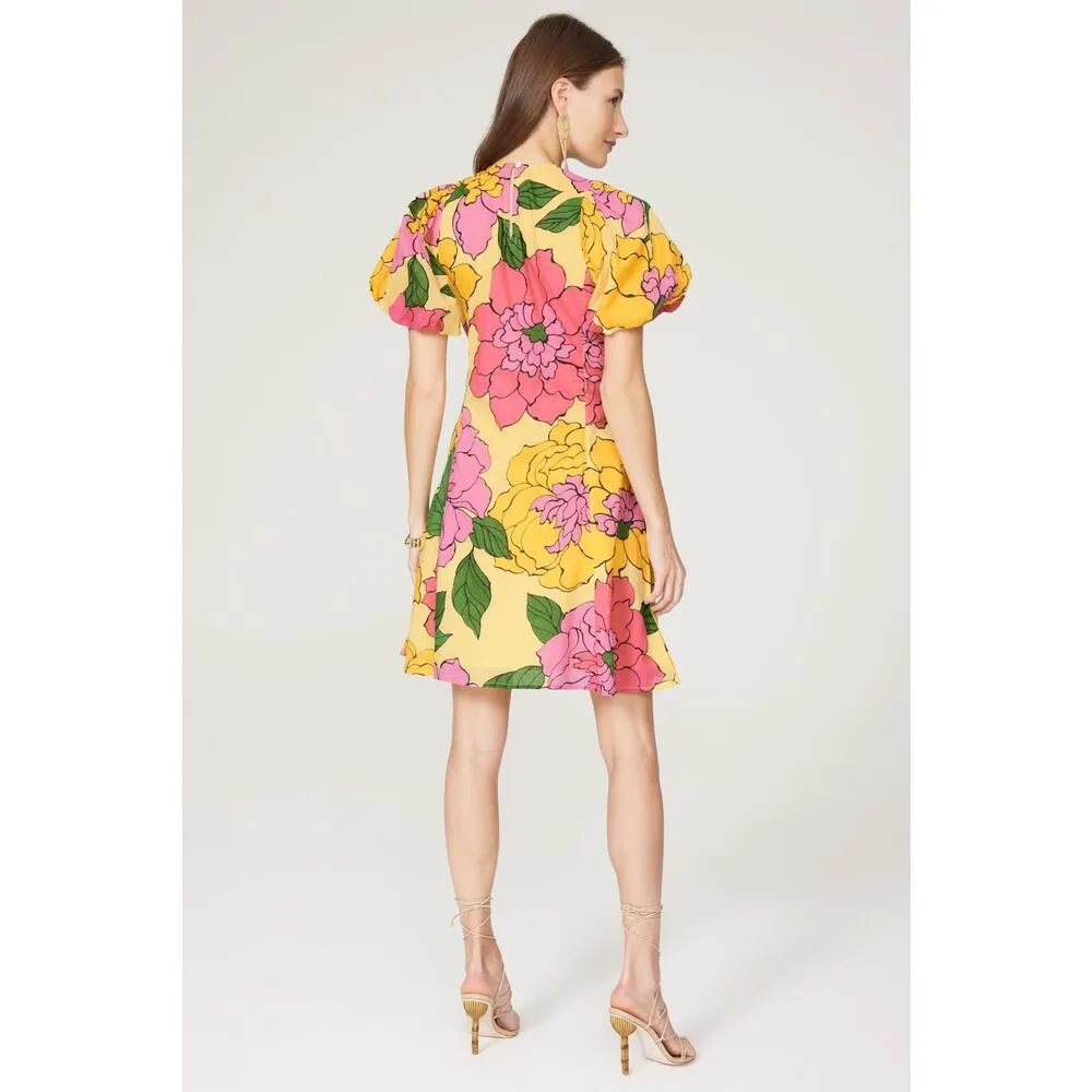 BANJANAN Yellow Pink Bright Florals Puff Sleeves Mini Gracia Dress Size 8 - Image 2