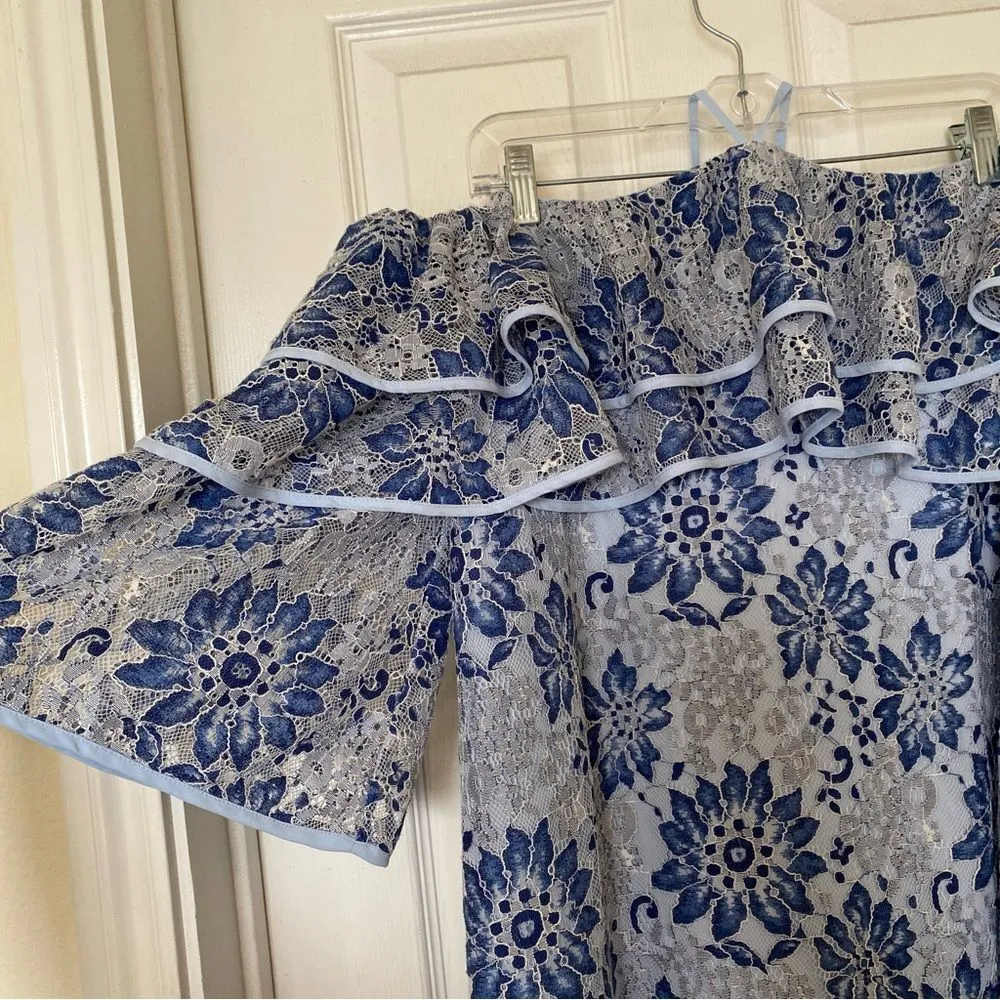 REBECCA MINKOFF Dena Blue Lace Ruffle Shoulder Dress Size Medium - Image 5