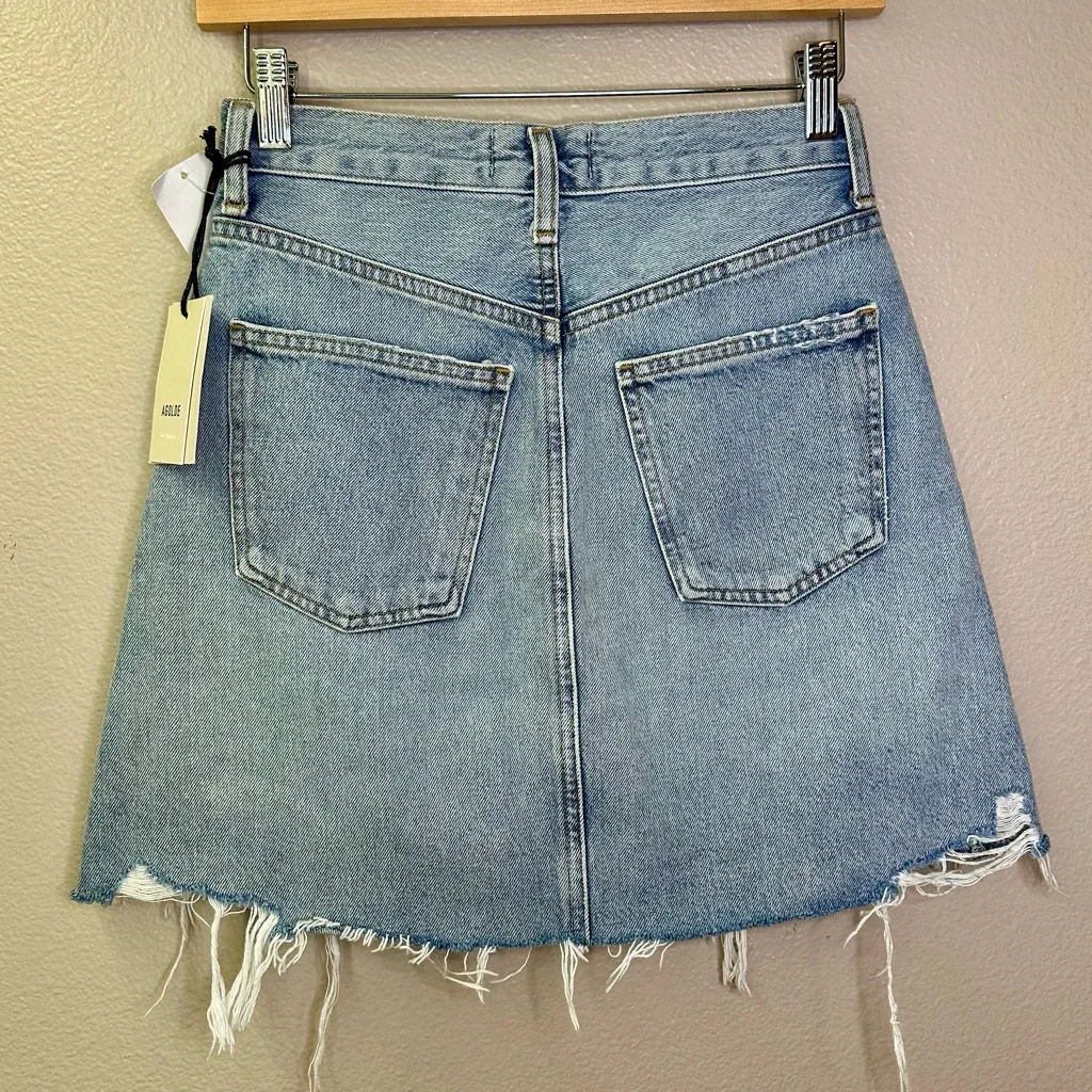 NWT Agolde Criss Cross Jean Mini Skirt Distressed Light Blue Frayed Hem Denim - Image 12