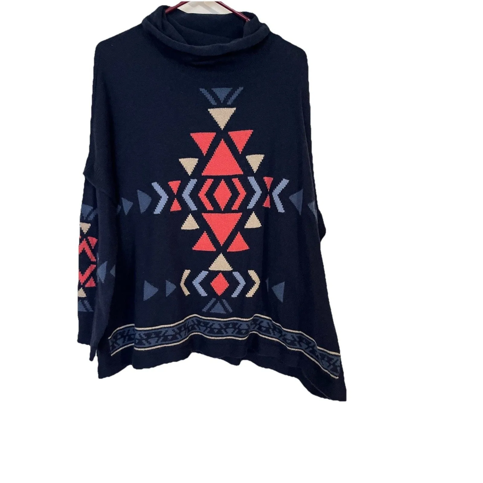 J Jill Sweater Womens OVERSIZED Small Blue AZTEC PRINT Cowl Neck Southwest - Image 4