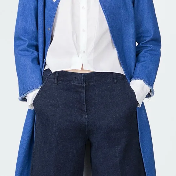 ZARA Blue Jean Jacket longline collarless denim duster small - Image 9