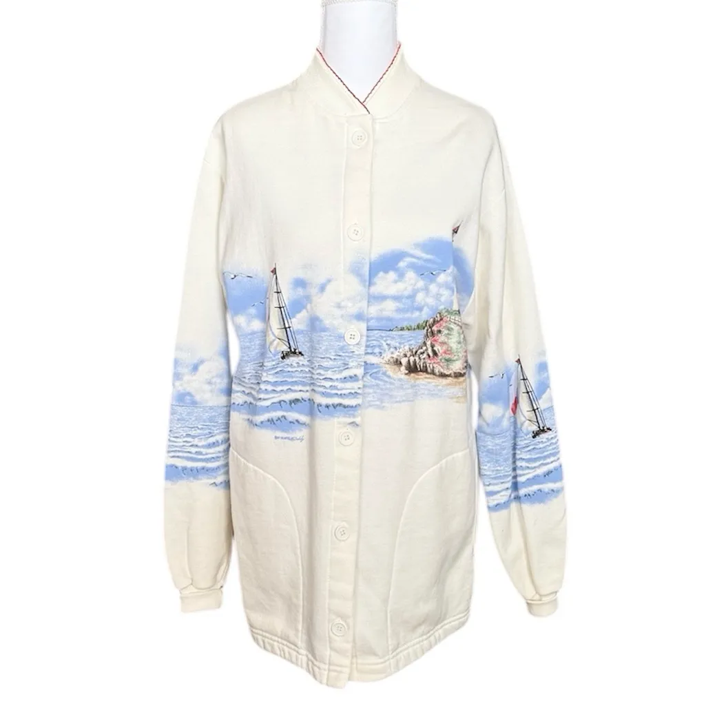 Vintage Lighthouse Sweatshirt Sweater Cardigan Shacket Jacket M Medium Blue - Image 3