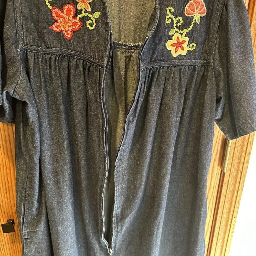 Vintage 90s National Floral Pink Flower Embroidered Blue Denim Muumuu Dress Sz L Size L - Image 5