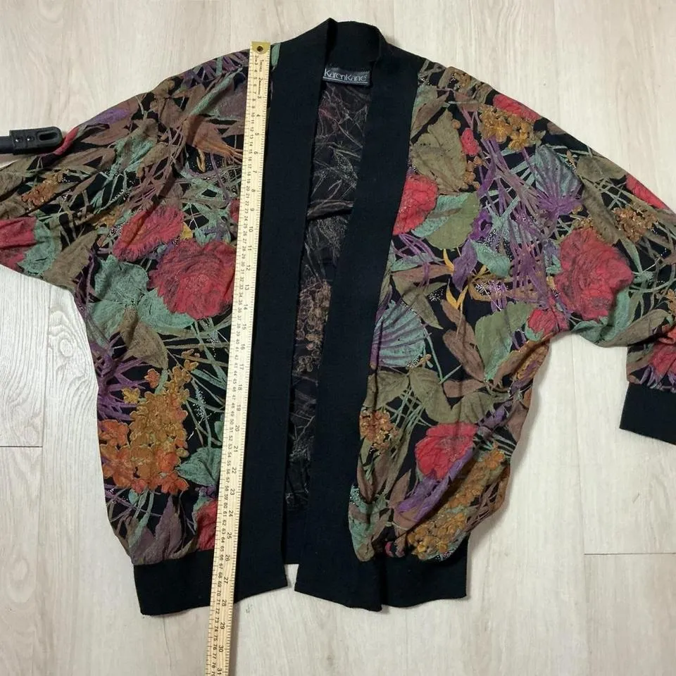 Karen‎ Kane Floral Print Open Front Cardigan Jacket Black Trim - Image 4