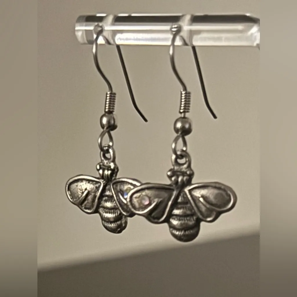 Vintage Silver Bumble Bee Jeweled Dangle Earrings - Image 2