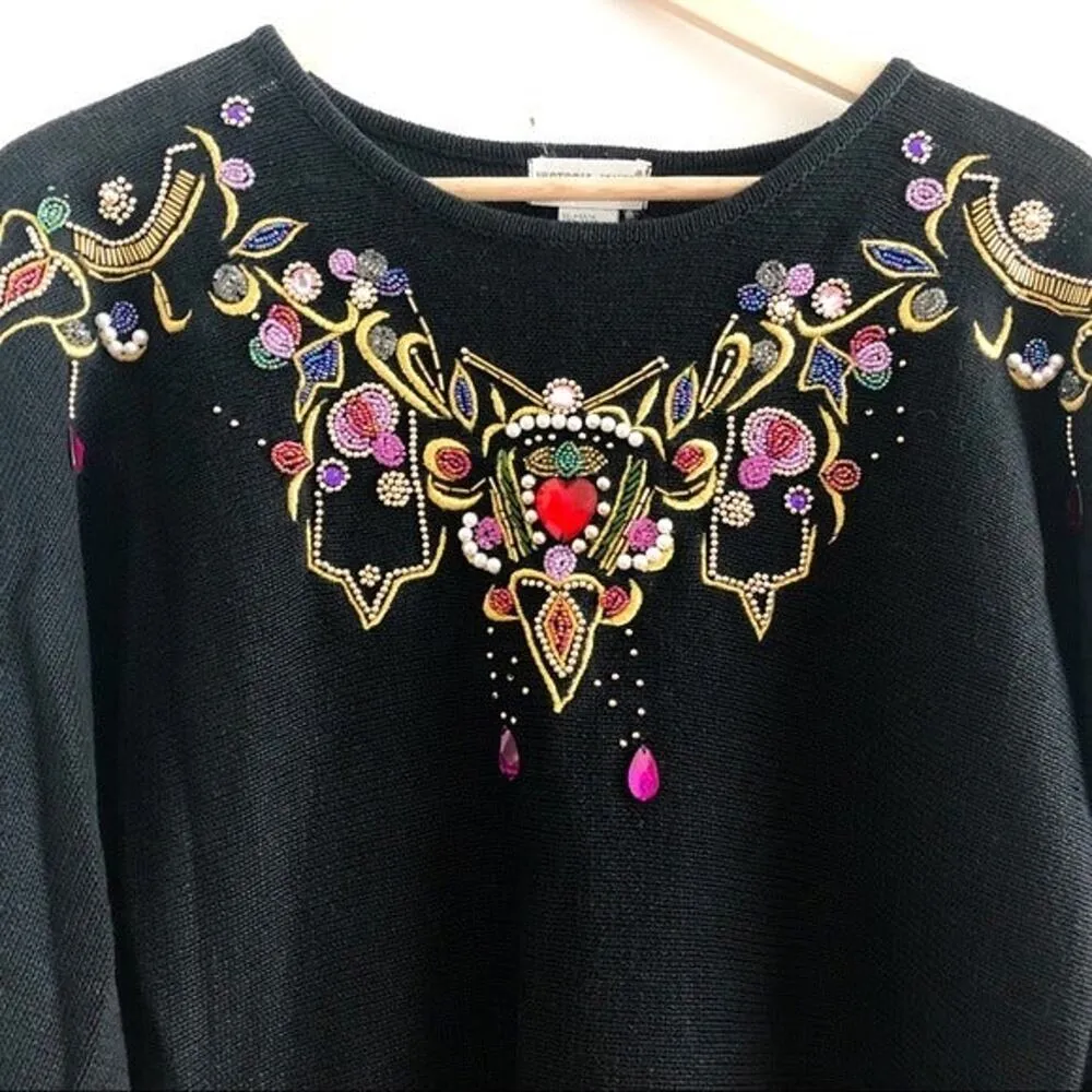 Vintage Bejeweled Sweater Grannycore Medium Black - Image 2