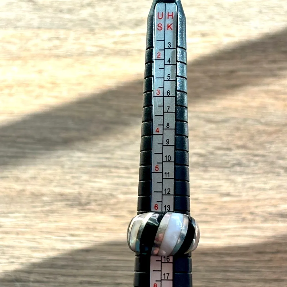 Artisan Sterling Silver 925 Mother of Pearl Onyx Inlay Ring Wide Band Boho 6.5 - Image 10