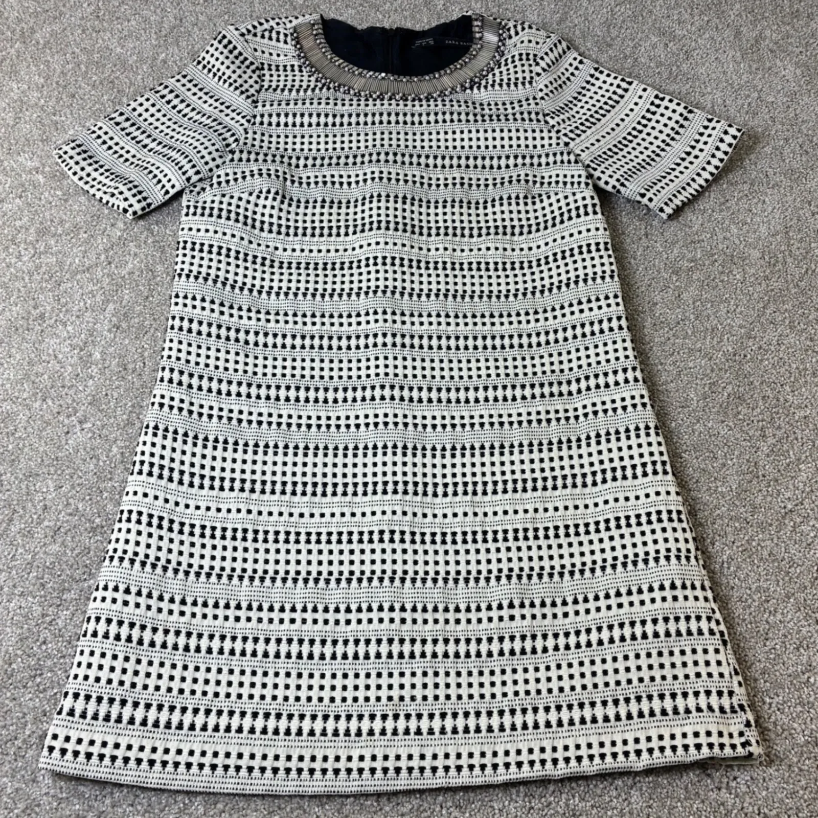 Zara Basic Dress Black White Beaded Neckline Short‎ Sleeve A - Image 2