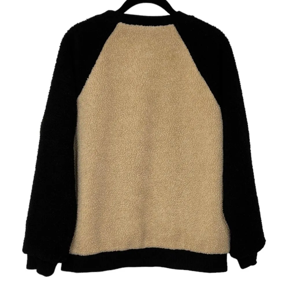 Movint Colorblock Raglan Sleeve Fleece Bomber Jacket L Black Tan Teddy Size L - Image 8