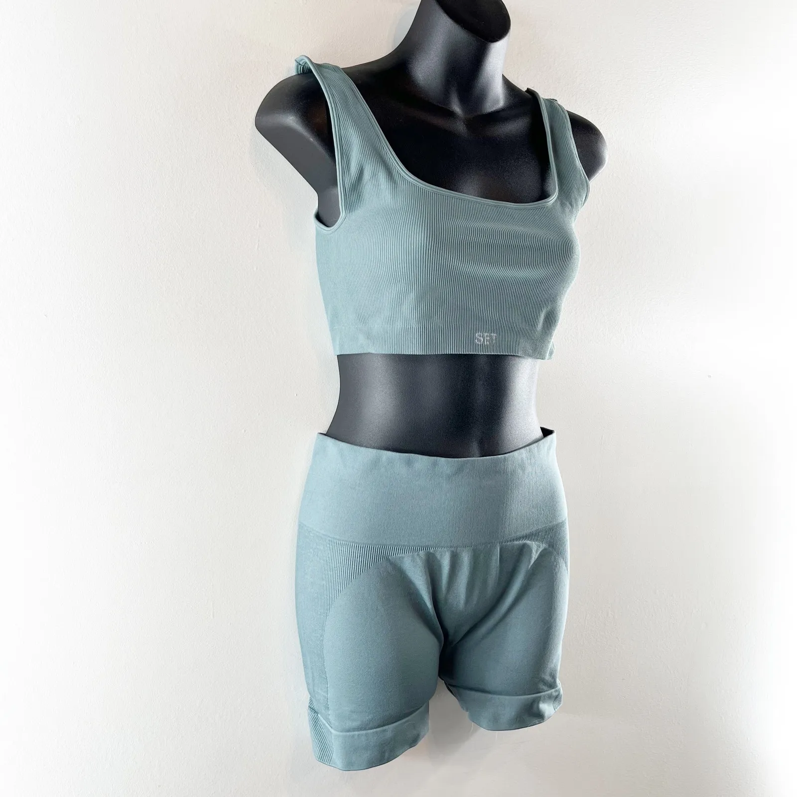 SET Active Sculptflex Power Ribbed Sports Bra Bike Short Set Muted Blue Large - Image 7