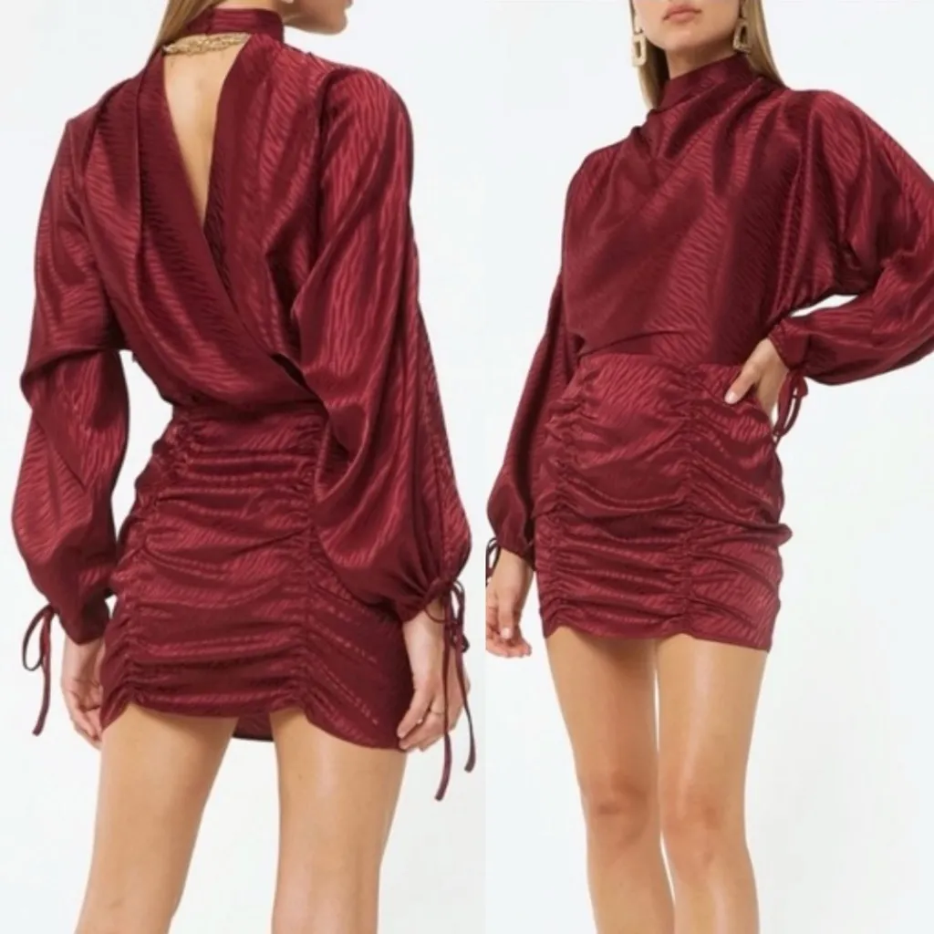 4SI3NNA Jolene Mock Neck Blouson Long Balloon Sleeve Ruched Mini Dress Party XS Pink - Image 4