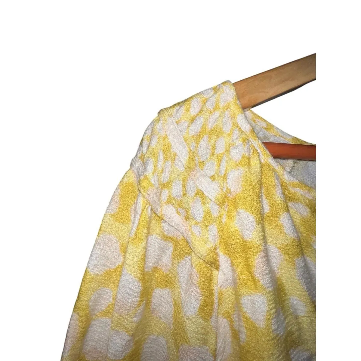 Democracy Yellow White Dot Peasant Blouse Boho 3/4 Sleeve Top Women’s Large - Image 4