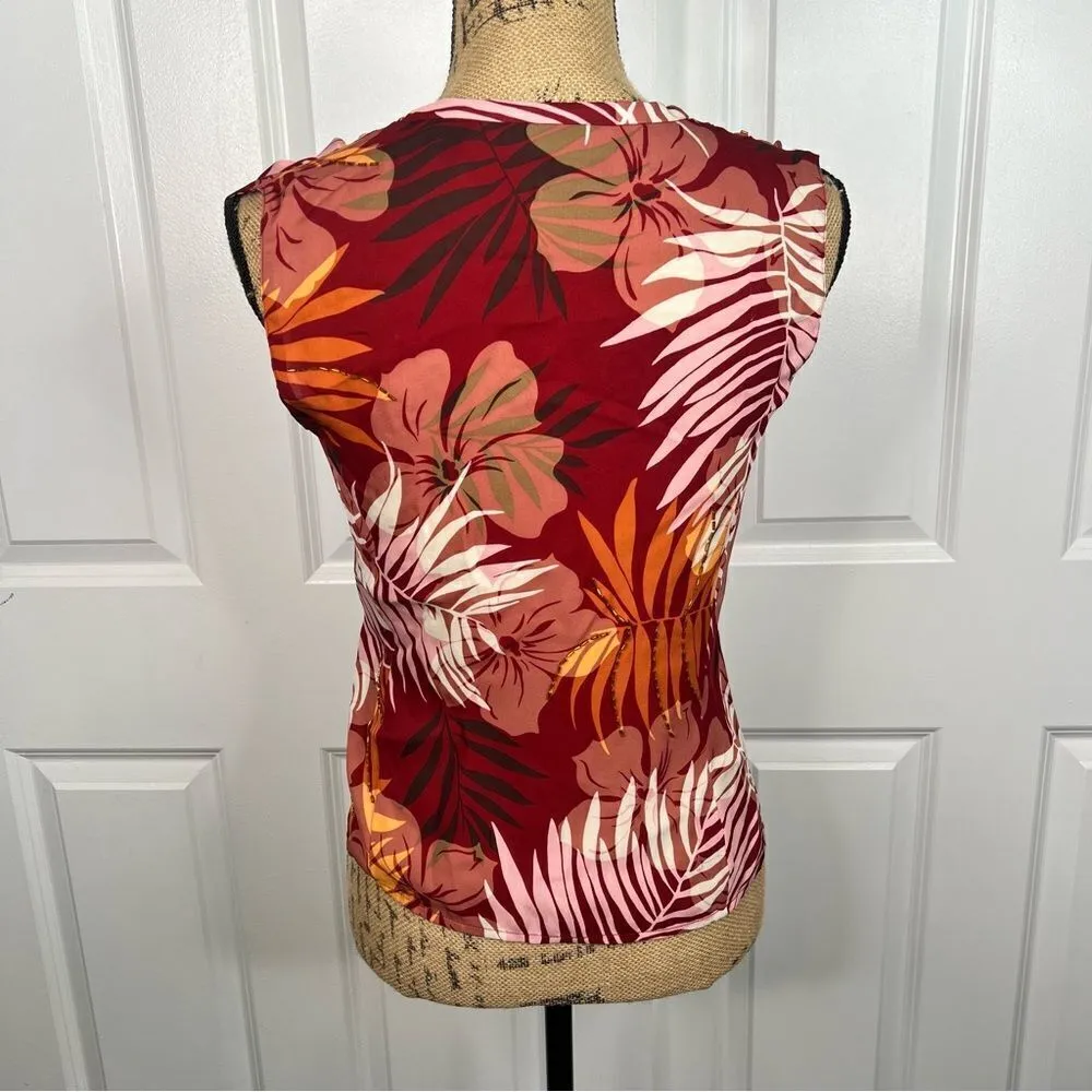Sz 2P Kate Hill 100% Silk Red & Orange Beaded Faux Wrap Top - Image 4