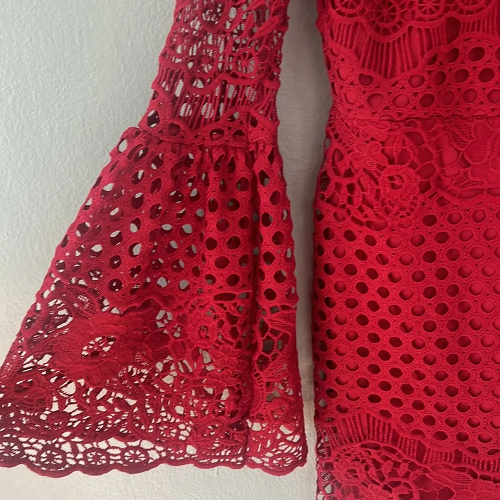 Crochet Cherry Red Mini-dress with Bell Sleeves - Image 2