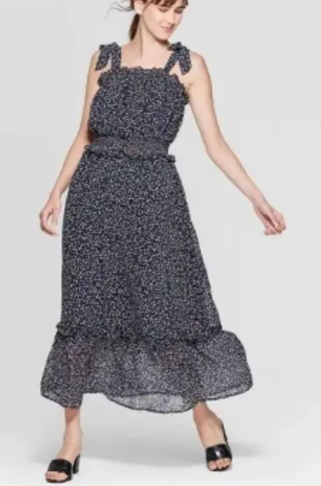 NWT Who What Wear Square Neck Tie Shoulder Giraffe Print Black/Tan Dress Small - Image 2