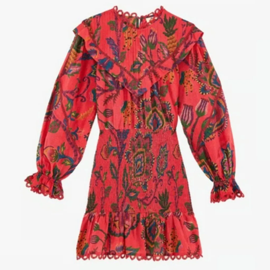 NWT FARM Rio Sunset Tapestry Blush Mini in Red Smocked Cotton Dress XS $230 - Image 2